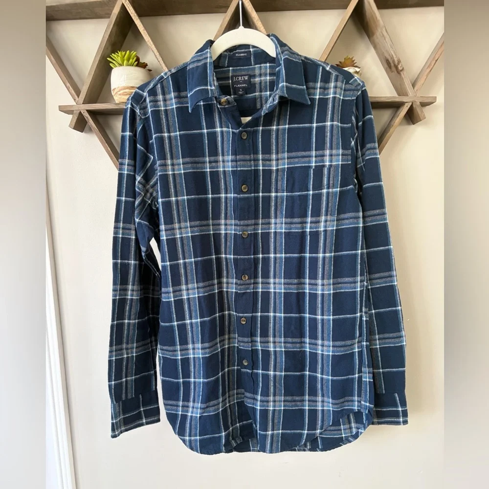 J Crew Mens Flannel Slim Fit Shirt Sz Small Blue Gray Plaid Button-Up New